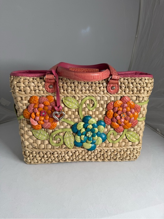 Brighton Handbags - Brighton Beige Straw Tote with Pink Trim and Multicolor leather Floral Appliqués